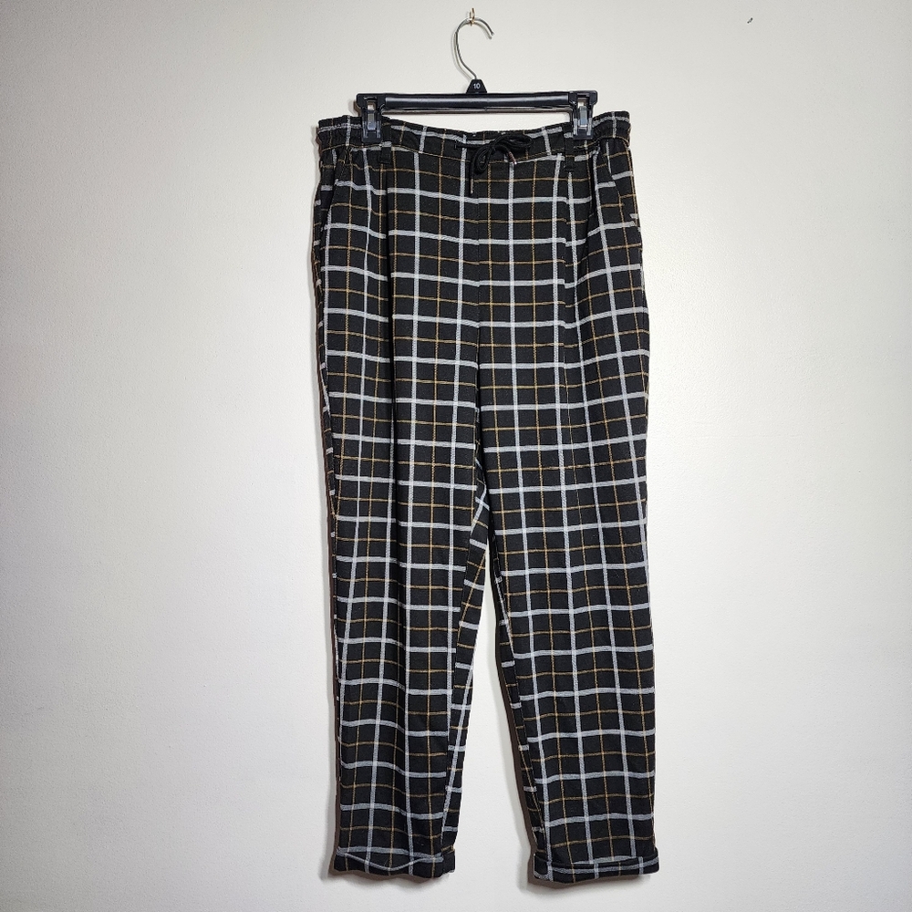 Stitch Star Grid Plaid Jogger Pants Size Large Black White Gold Drawstring Waist